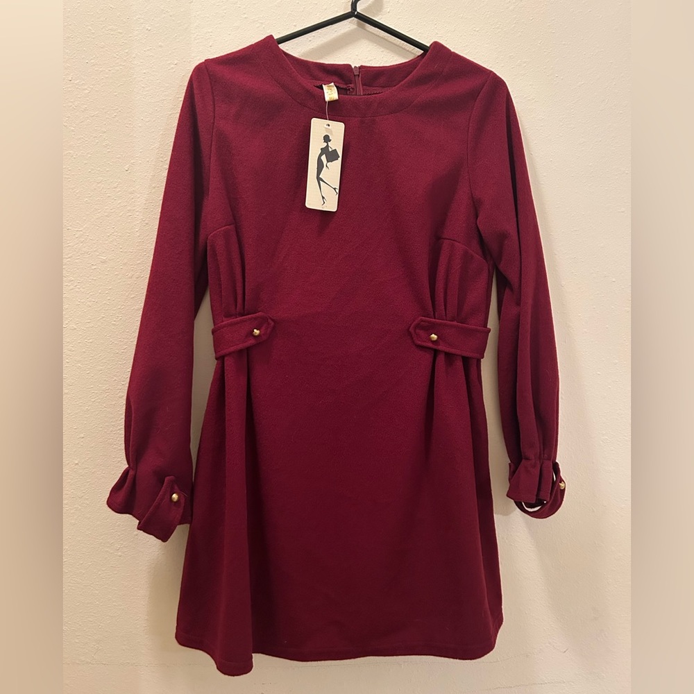 (M) Vintage Korean Red Fleece Long Sleeve Dress